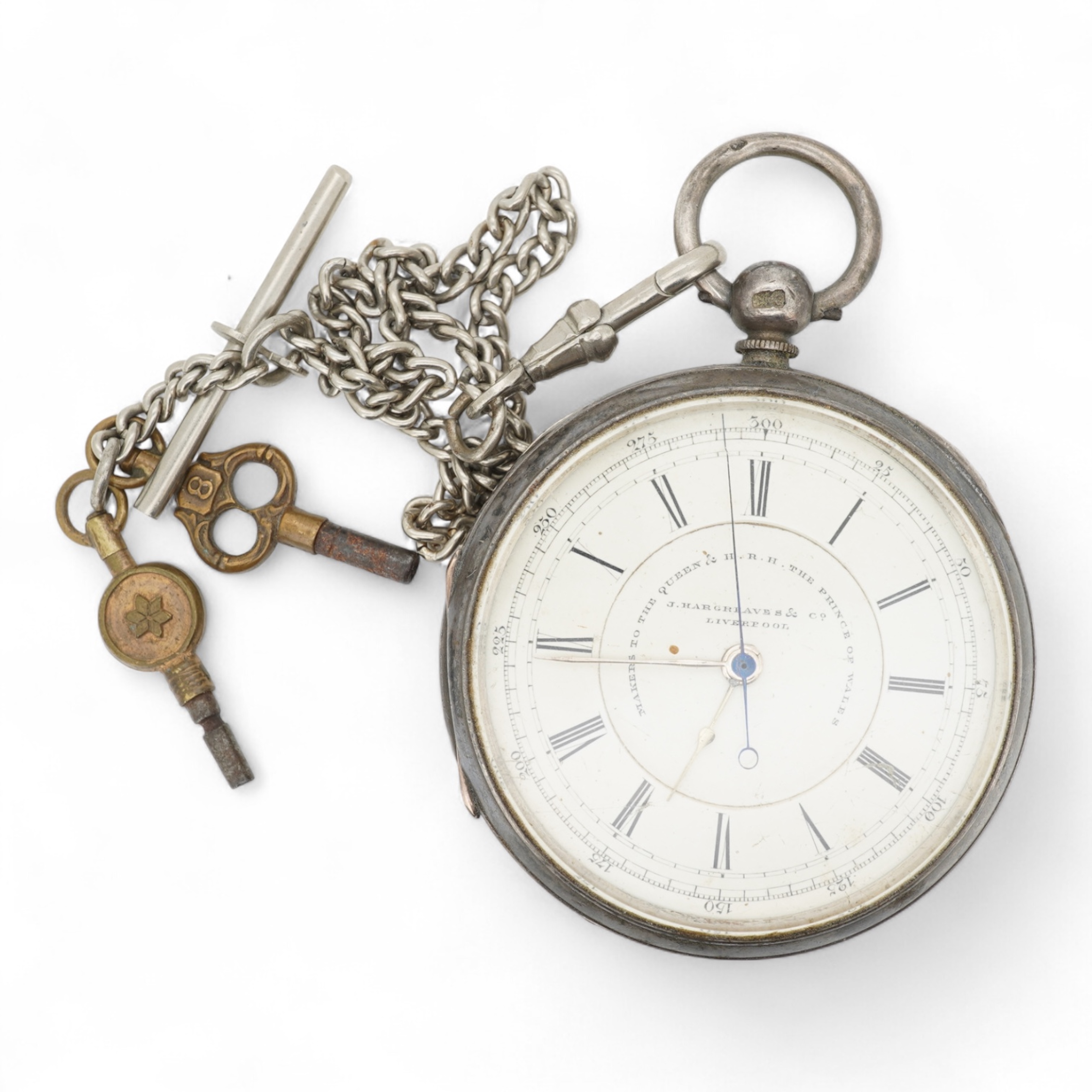 A late Victorian silver open faced keywind chronograph pocket watch, by J. Hargreaves & Co of Liverpool, with Roman dial, case diameter 54mm, together with a metal albert.